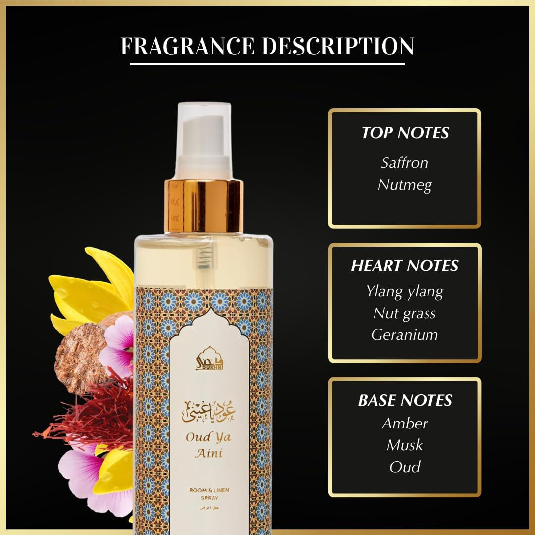 Oud Ya Aini Arabic Room Spray by  | 250Ml Oud Fragrance Air Freshener, Attar Al Faraash for Home & Prayer Mats | Bed Linen, Sofa Mist, Natural Home Scent, Curtain Spray, Odour Eliminator