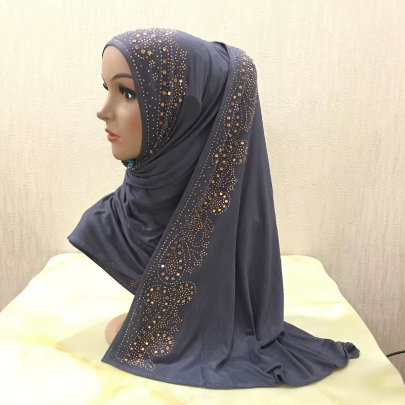 H099 Cotton Jersey Muslim Long Scarf with Rhinestones Modal Headscarf Islamic Hijab Shawl Arabic Rectangular Headwrap Headwear