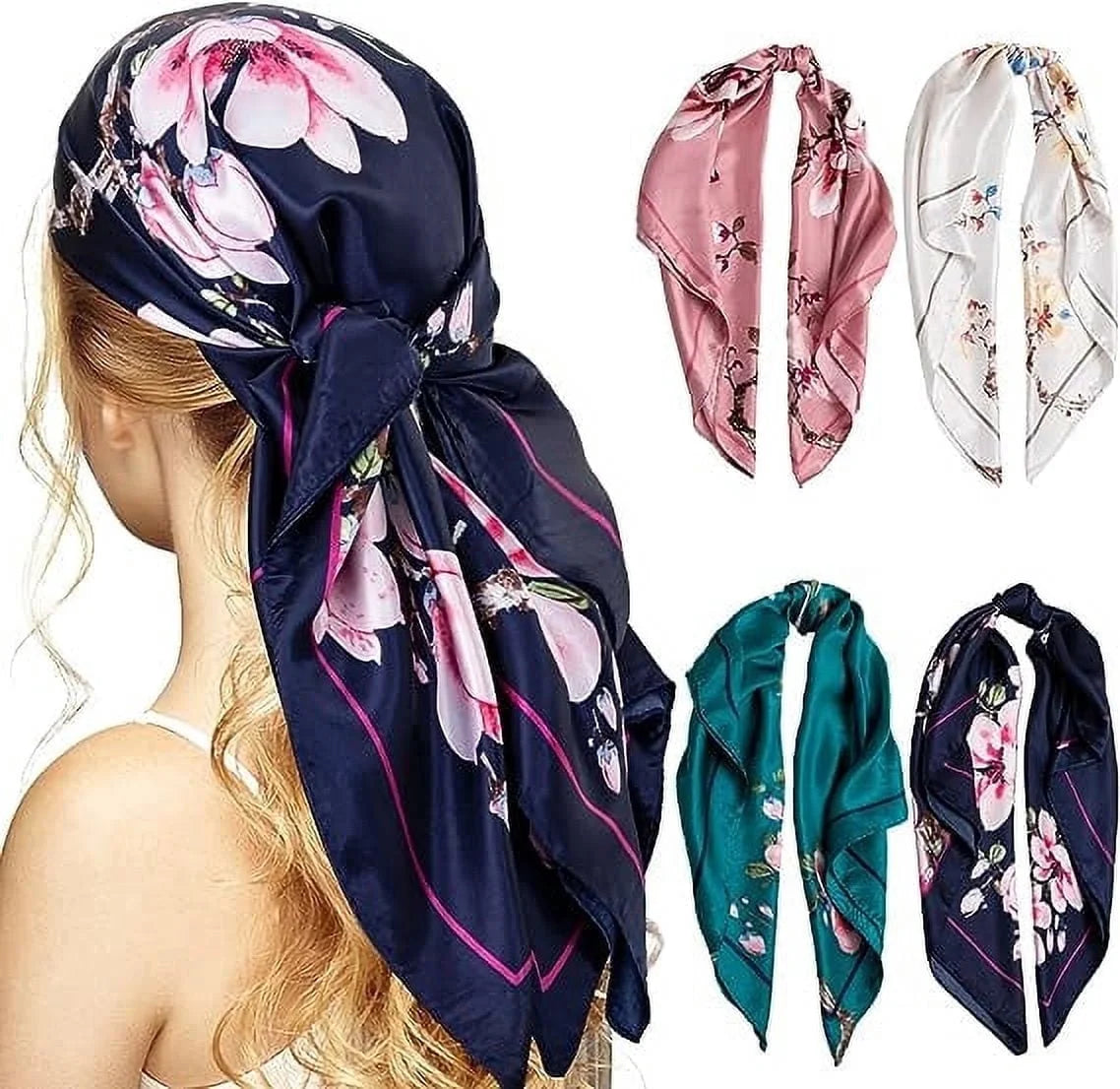 Large Square Women'S Satin Head Scarf Bandana, 4 Pack