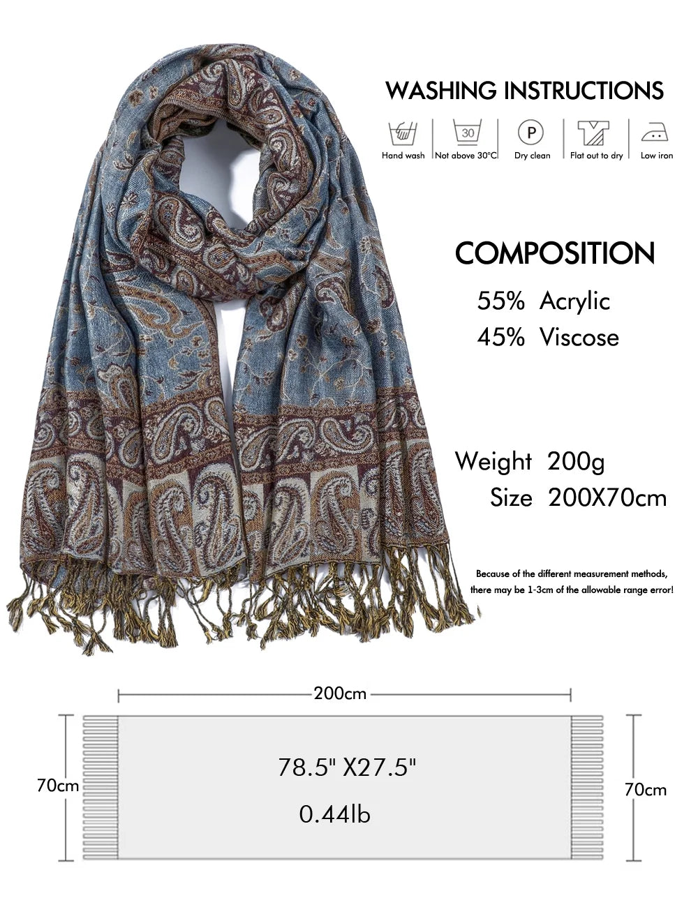 Pashmina Scarf Rave Women Scarves Luxury Paisley Shawl with Fringe Reversible Large Blanket Wrap 78.5" X27.5"(Rank Blue)