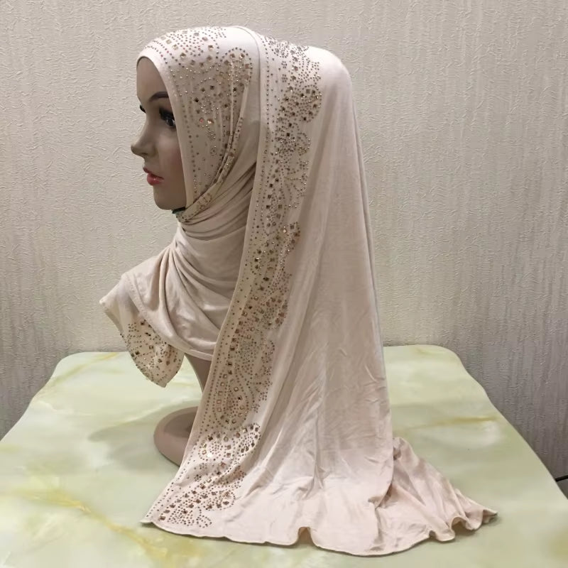 H099 Cotton Jersey Muslim Long Scarf with Rhinestones Modal Headscarf Islamic Hijab Shawl Arabic Rectangular Headwrap Headwear