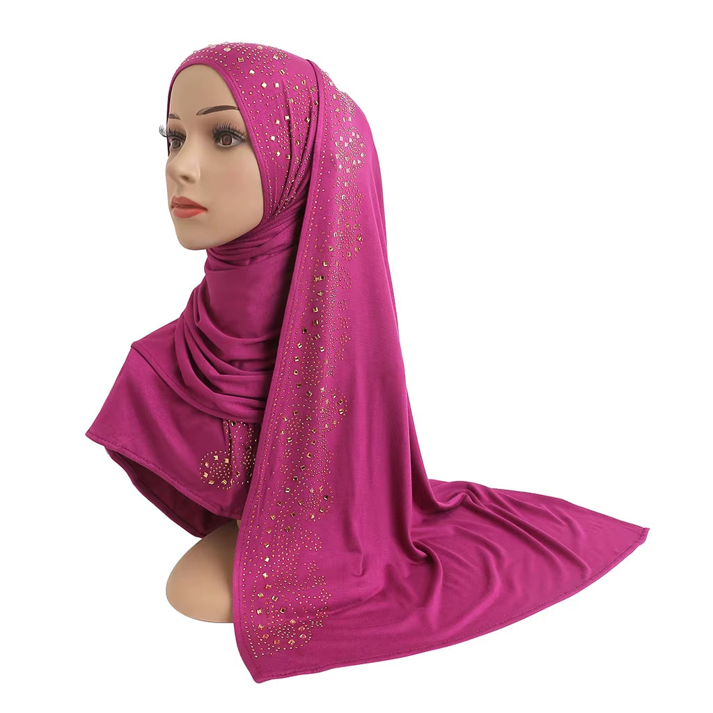 H099 Cotton Jersey Muslim Long Scarf with Rhinestones Modal Headscarf Islamic Hijab Shawl Arabic Rectangular Headwrap Headwear