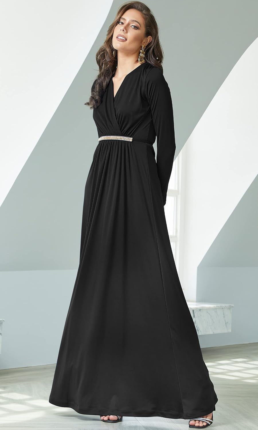 Sleeve Kaftan V-Neck Flowy Formal Winter Gowns
