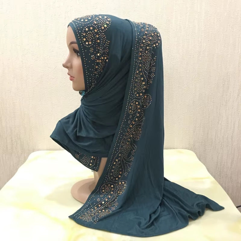 H099 Cotton Jersey Muslim Long Scarf with Rhinestones Modal Headscarf Islamic Hijab Shawl Arabic Rectangular Headwrap Headwear