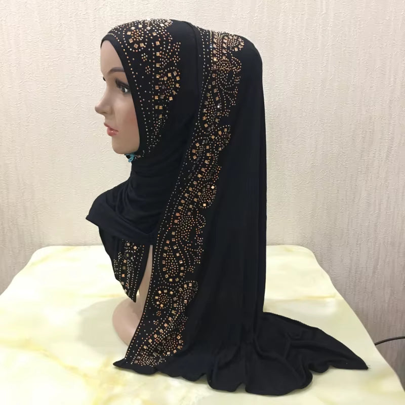H099 Cotton Jersey Muslim Long Scarf with Rhinestones Modal Headscarf Islamic Hijab Shawl Arabic Rectangular Headwrap Headwear