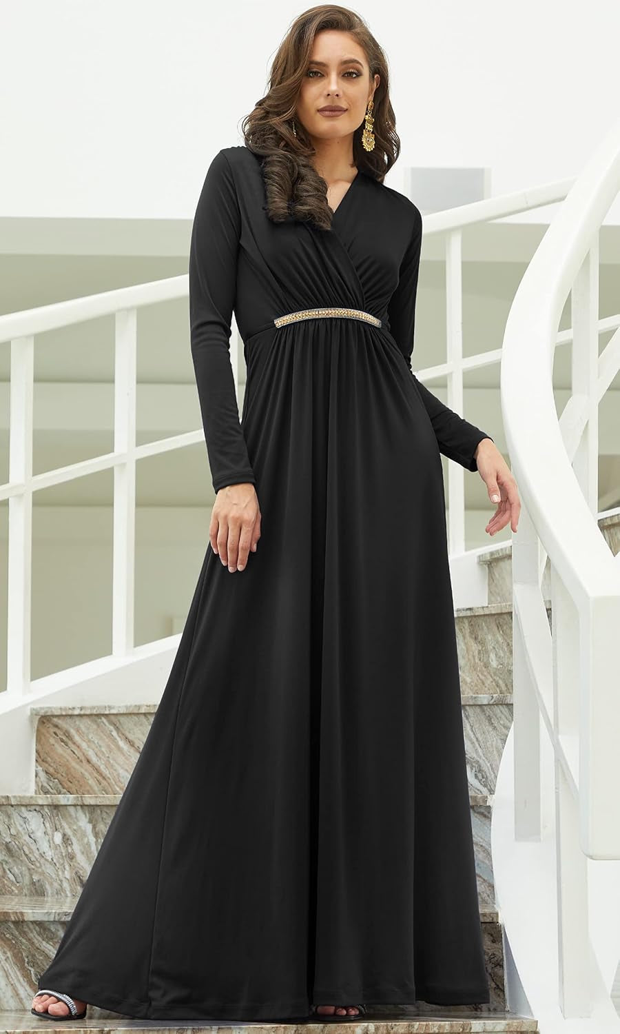 Sleeve Kaftan V-Neck Flowy Formal Winter Gowns