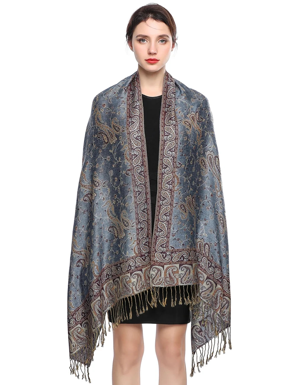 Pashmina Scarf Rave Women Scarves Luxury Paisley Shawl with Fringe Reversible Large Blanket Wrap 78.5" X27.5"(Rank Blue)