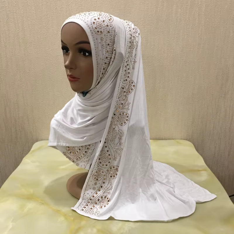 H099 Cotton Jersey Muslim Long Scarf with Rhinestones Modal Headscarf Islamic Hijab Shawl Arabic Rectangular Headwrap Headwear