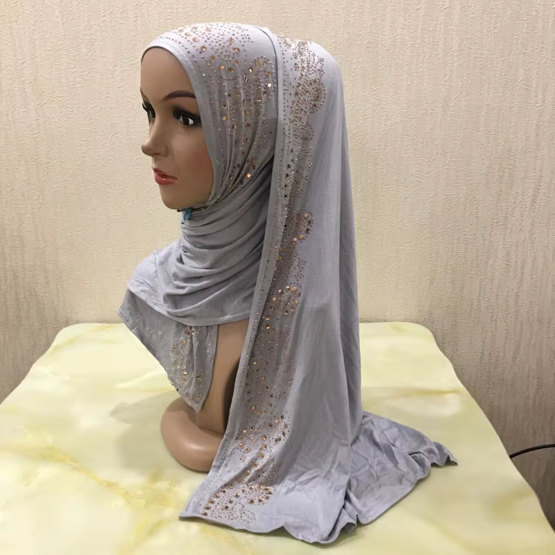 H099 Cotton Jersey Muslim Long Scarf with Rhinestones Modal Headscarf Islamic Hijab Shawl Arabic Rectangular Headwrap Headwear