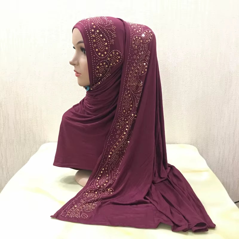 H099 Cotton Jersey Muslim Long Scarf with Rhinestones Modal Headscarf Islamic Hijab Shawl Arabic Rectangular Headwrap Headwear