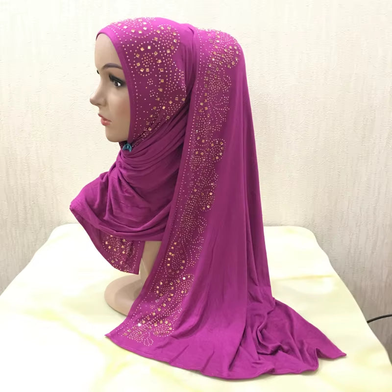 H099 Cotton Jersey Muslim Long Scarf with Rhinestones Modal Headscarf Islamic Hijab Shawl Arabic Rectangular Headwrap Headwear