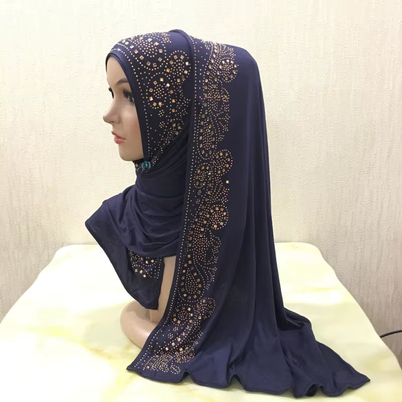 H099 Cotton Jersey Muslim Long Scarf with Rhinestones Modal Headscarf Islamic Hijab Shawl Arabic Rectangular Headwrap Headwear