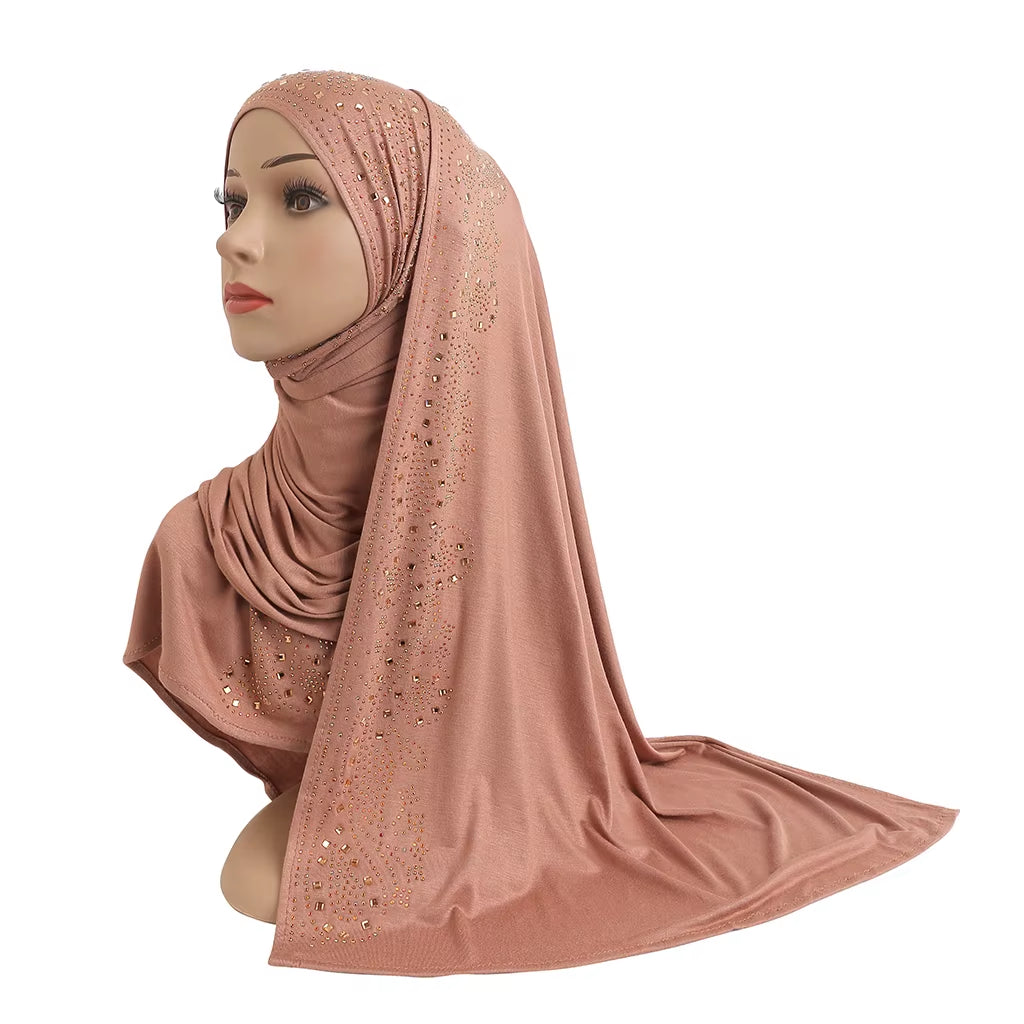 H099 Cotton Jersey Muslim Long Scarf with Rhinestones Modal Headscarf Islamic Hijab Shawl Arabic Rectangular Headwrap Headwear