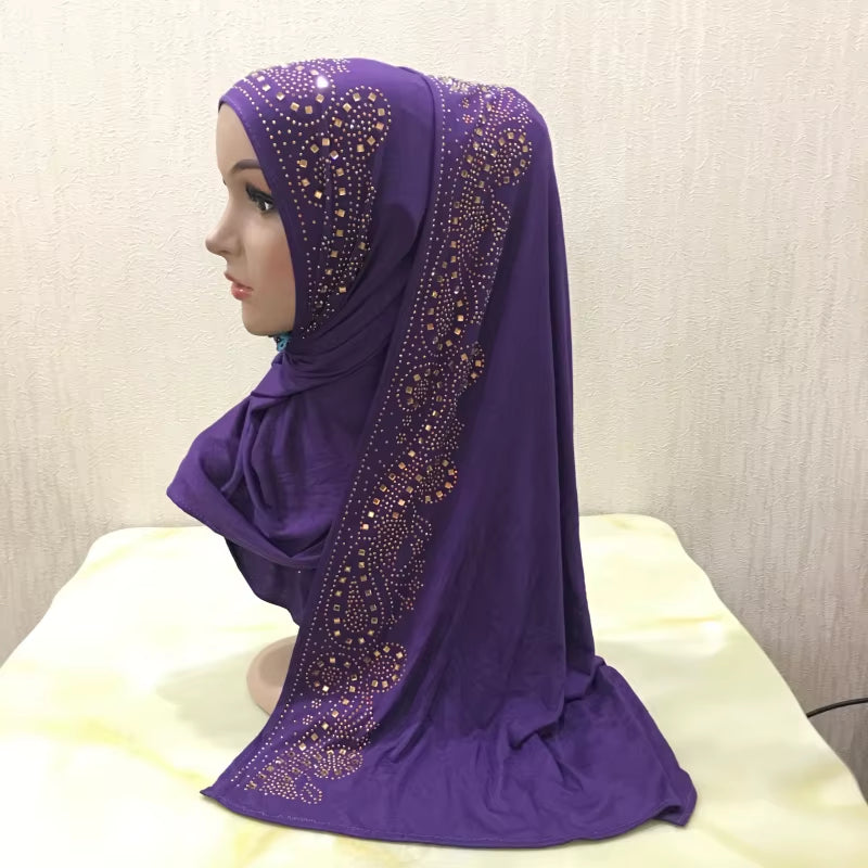 H099 Cotton Jersey Muslim Long Scarf with Rhinestones Modal Headscarf Islamic Hijab Shawl Arabic Rectangular Headwrap Headwear